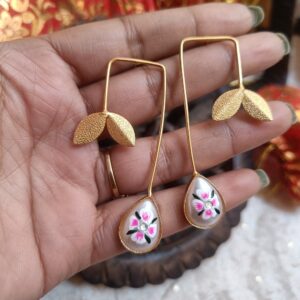 Tanjore floral brass Earrings white