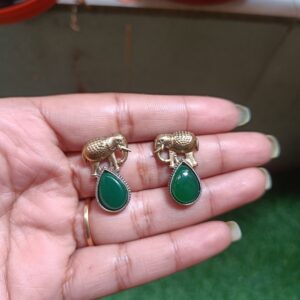 Dual Tone Elephant brass Earrings Green