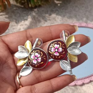 Tanjore leaves brass Earrings Maroon