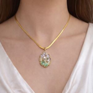 Enamel Pearl Floral Pendant Necklace Purple