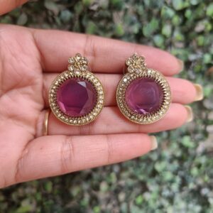 Ruby Wine Stone Stud Earrings with Floral Crystal Top