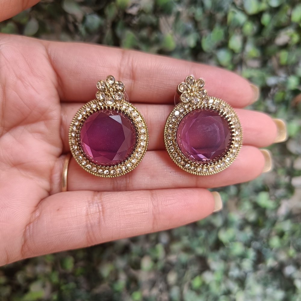 Ruby Wine Stone Stud Earrings with Floral Crystal Top