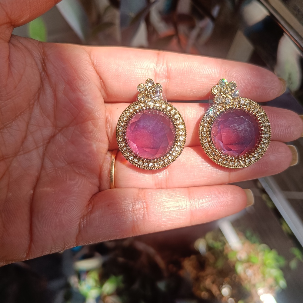 Ruby Wine Stone Stud Earrings with Floral Crystal Top - Image 2