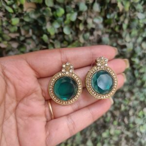 Emerald Green Stone Stud Earrings with Floral Top