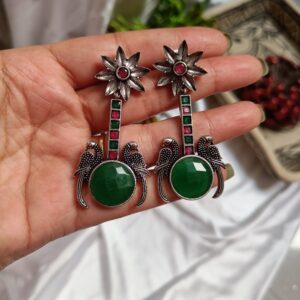 Peacock motif brass earrings Green