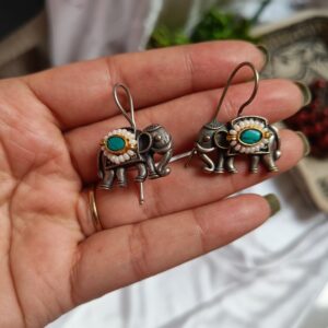 Elephant hoops brass earrings Turquoise green