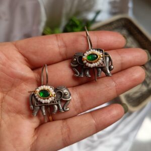 Elephant hoops brass earrings green
