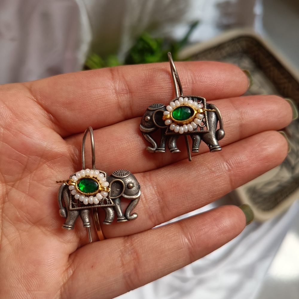 Elephant hoops brass earrings green