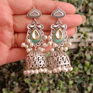 Vrinda silver brass jhumka sea green