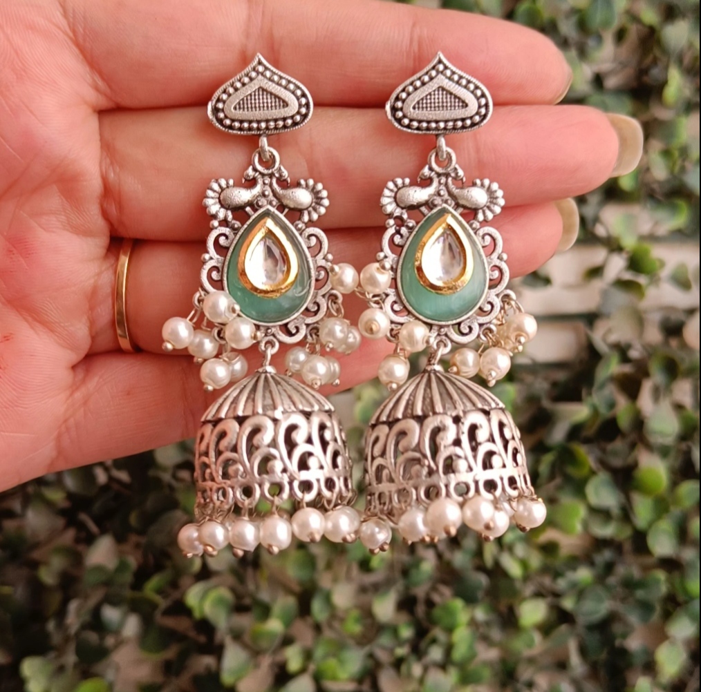 Vrinda silver brass jhumka sea green