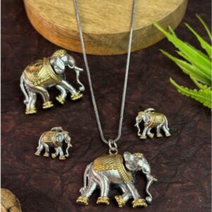 Premium Brass Dual-Tone Royal Elephant Pendant & Earring Set with Ring