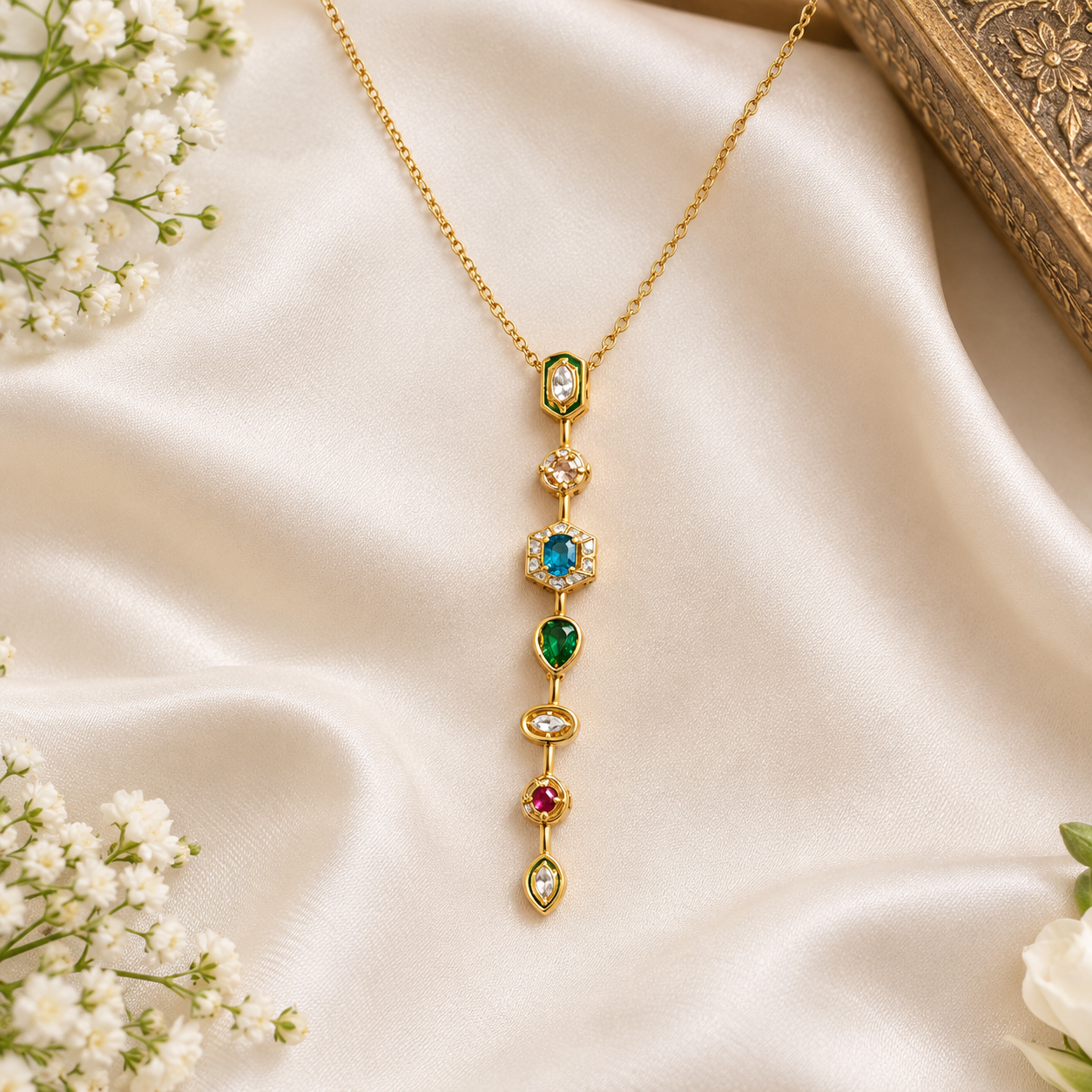 Multi colour stones Pendant Anti-Tarnish Neck chain