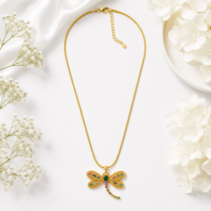 Anti-Tarnish Gold Dragonfly Pendant with Multicolor Gemstones