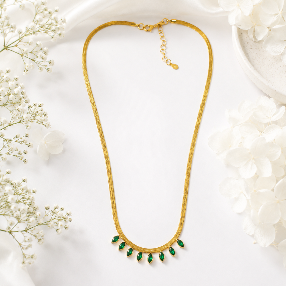 Anti tarnish Necklace with Emerald Green Teardrops