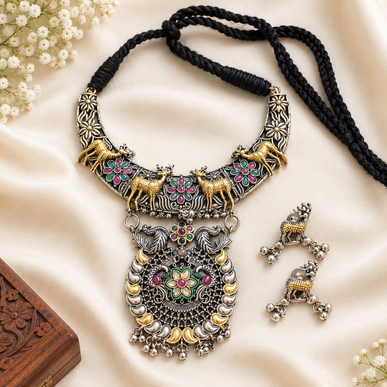 Deer motifs dual tone silver oxidised Necklace Multi colour