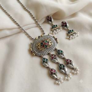 Rangilo Silver brass Necklace with earrings